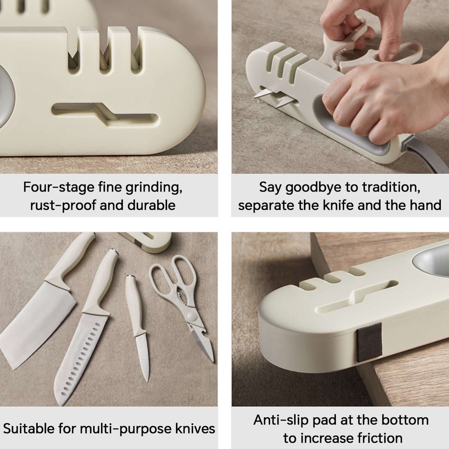 4-in-1 Kitchen Knife Sharpener - Professional Multi-Functional Blade Sharpening Tool with Non-Slip Base features four-stage grinding.