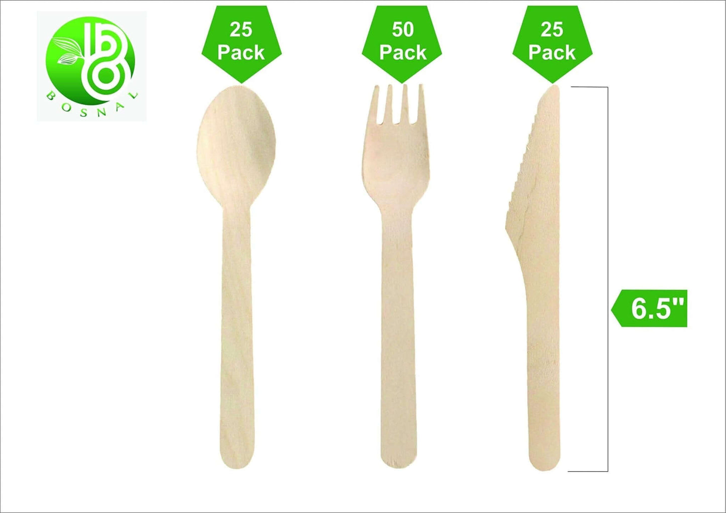 Bosnal Wooden Disposable Cutlery Set - 100 Pcs Biodegradable Compostable Utensils featuring spoons, forks, and knives.