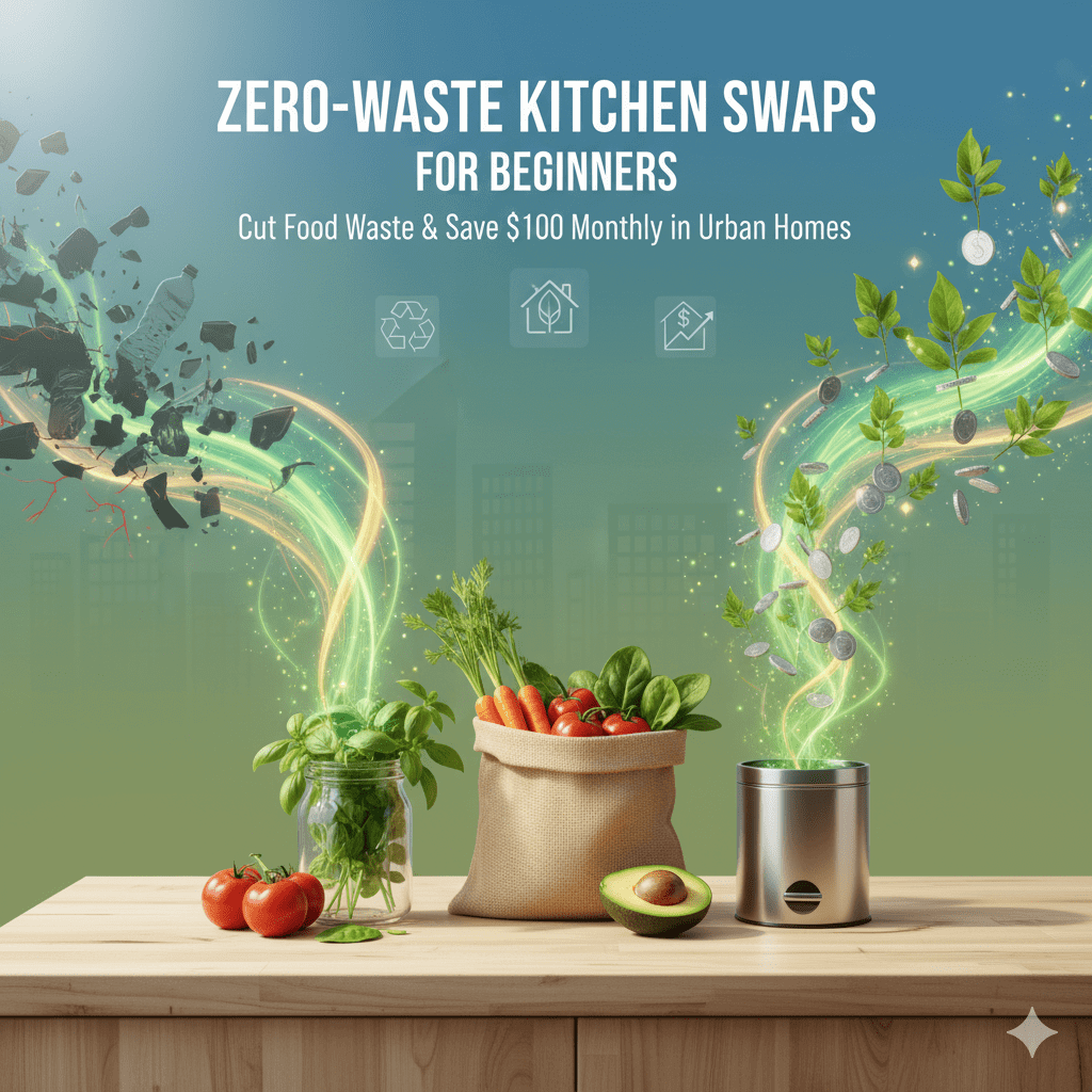 Zero-Waste Kitchen Guide eBook - Cut Food Waste & Save $100 Monthly, featuring sustainable swaps for urban kitchens.