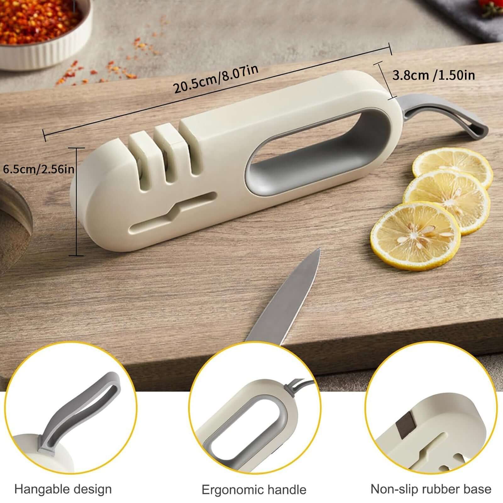 4-in-1 Kitchen Knife Sharpener - Professional Multi-Functional Blade Sharpening Tool with Non-Slip Base on a kitchen countertop.
