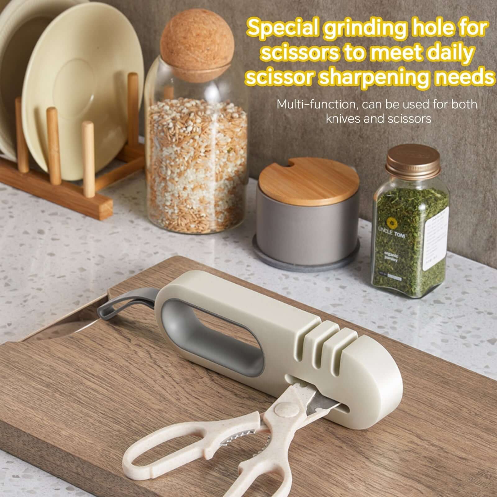 4-in-1 Kitchen Knife Sharpener - Professional Multi-Functional Blade Sharpening Tool with Non-Slip Base on a kitchen counter.