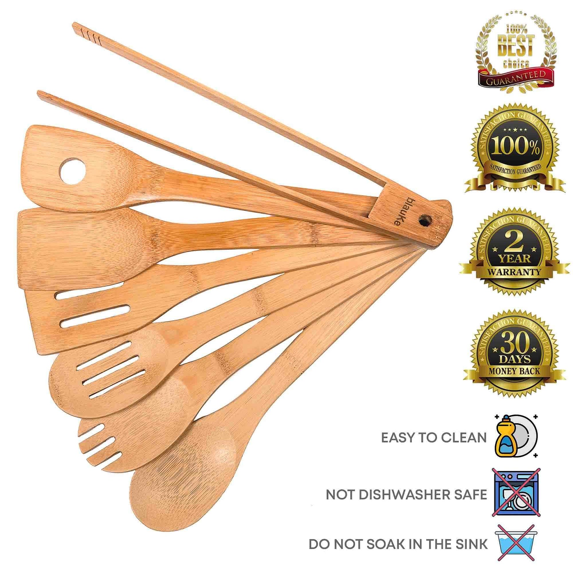 Bamboo Utensil Set 7 - Pc | Wooden Spoons & Tongs for Non - Stick Pans - GreenKitchenEssentials