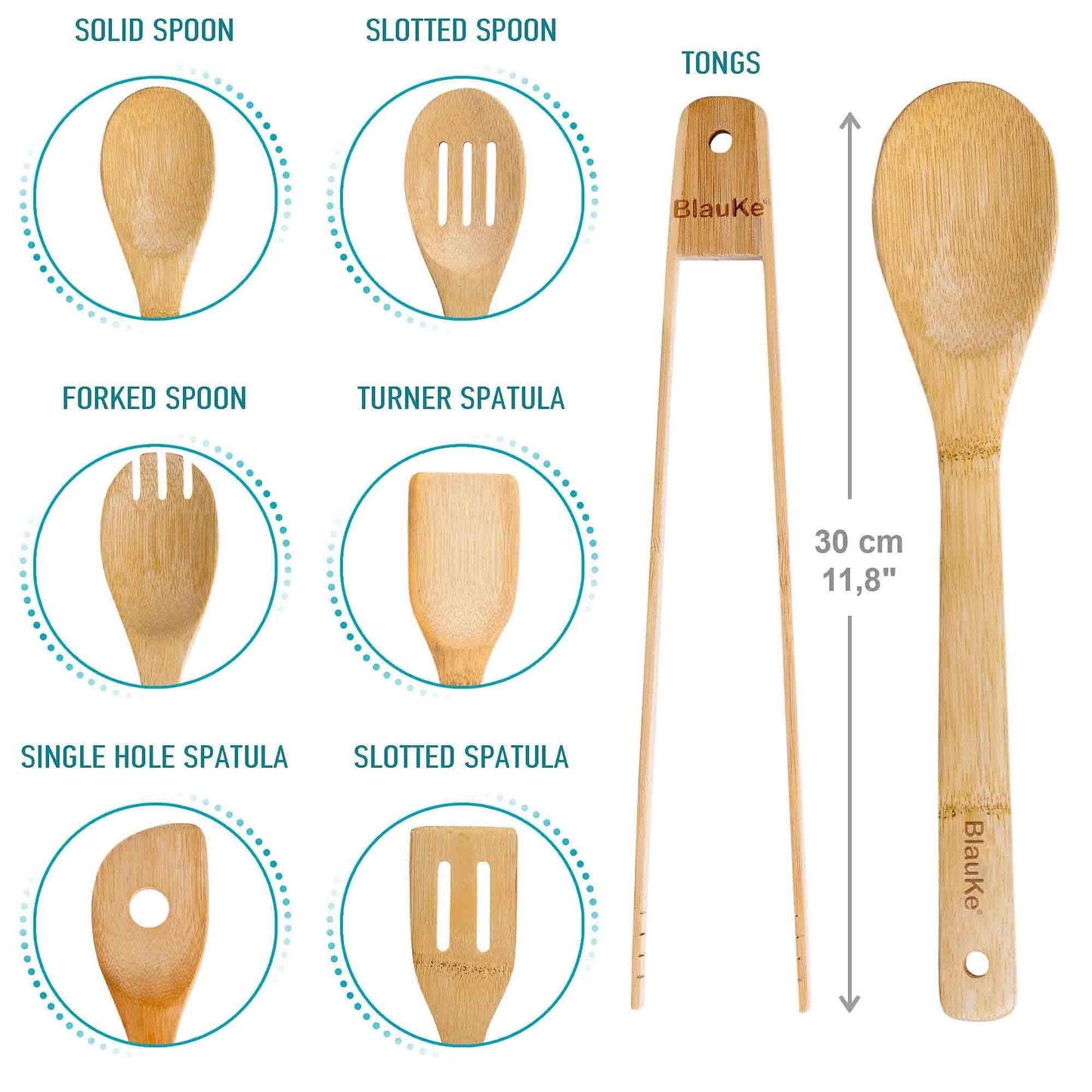 Bamboo Utensil Set 7 - Pc | Wooden Spoons & Tongs for Non - Stick Pans - GreenKitchenEssentials
