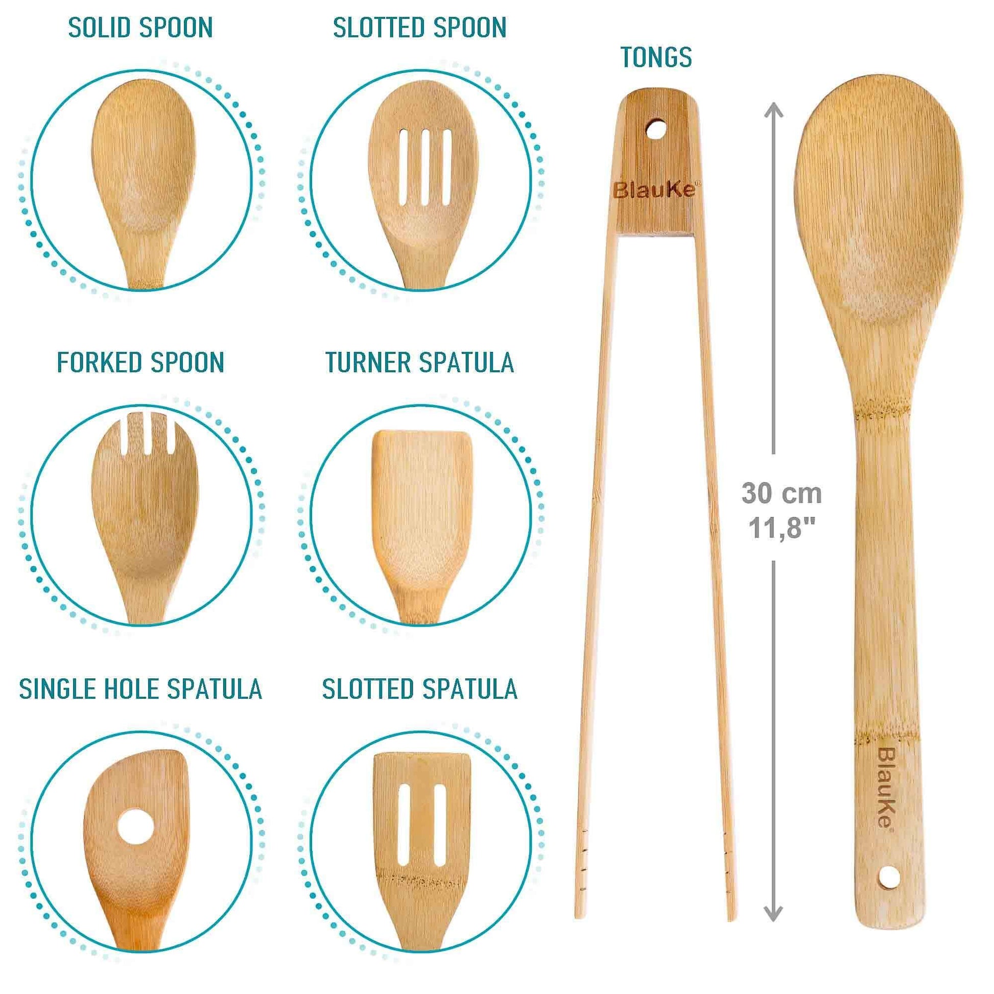 Bamboo Utensil Set 7 - Pc | Wooden Spoons & Tongs for Non - Stick Pans - GreenKitchenEssentials