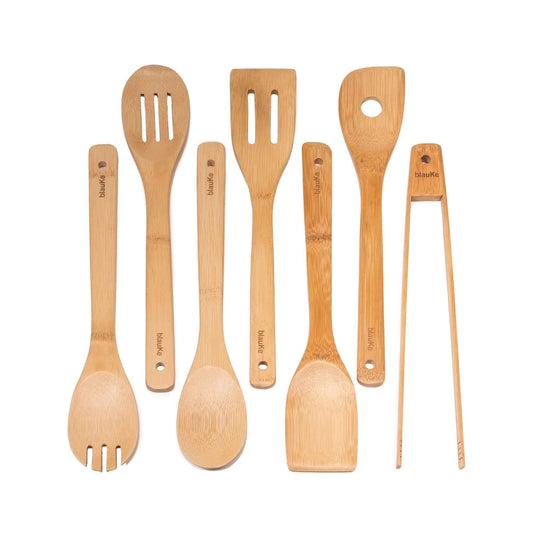 Bamboo Utensil Set 7 - Pc | Wooden Spoons & Tongs for Non - Stick Pans - GreenKitchenEssentials