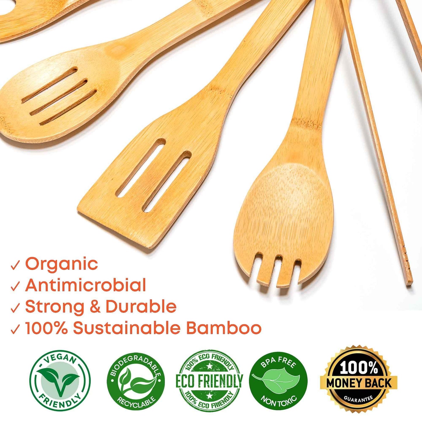 Bamboo Utensil Set 7 - Pc | Wooden Spoons & Tongs for Non - Stick Pans - GreenKitchenEssentials