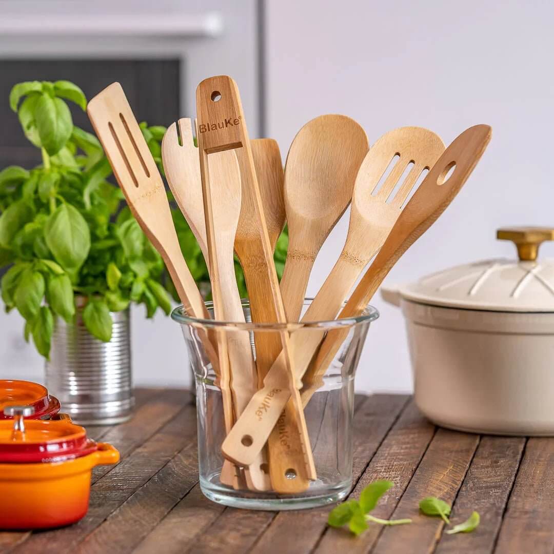 Bamboo Utensil Set 7 - Pc | Wooden Spoons & Tongs for Non - Stick Pans - GreenKitchenEssentials