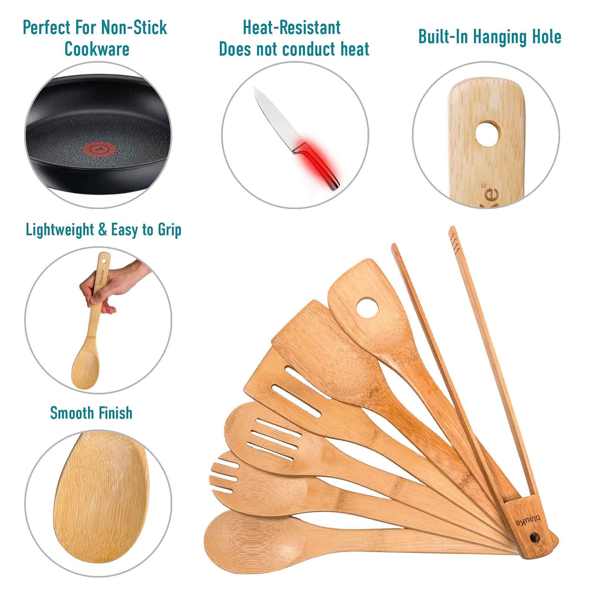 Bamboo Utensil Set 7 - Pc | Wooden Spoons & Tongs for Non - Stick Pans - GreenKitchenEssentials