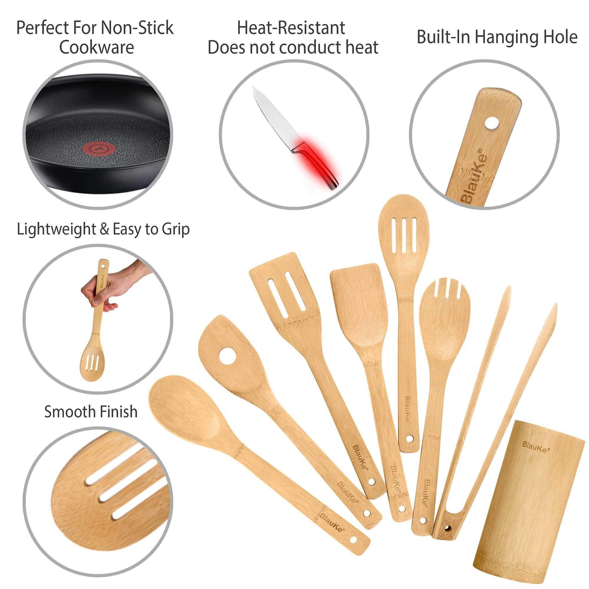 Bamboo Utensil Set 8 - Pc | Eco - Friendly Non - Scratch Kitchen Tools - GreenKitchenEssentials