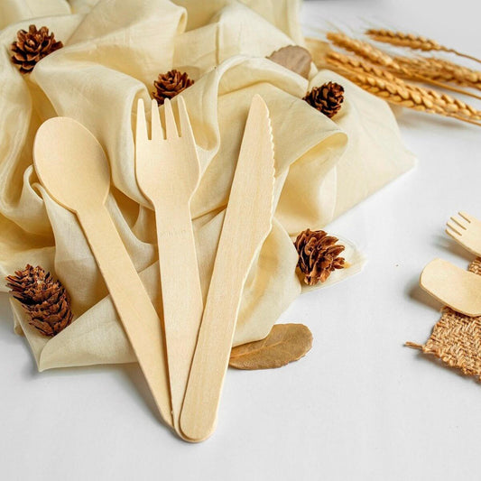 Bosnal Wooden Disposable Cutlery Set - 100 Pcs Biodegradable Compostable Utensils displayed with natural decor
