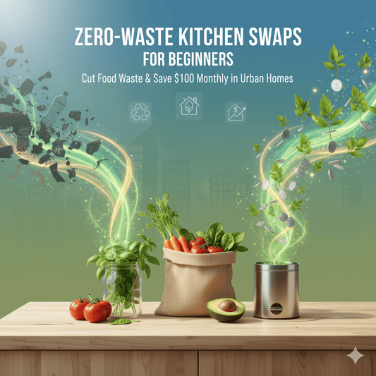 Zero-Waste Kitchen Guide eBook - Cut Food Waste & Save $100 Monthly, featuring sustainable swaps for urban kitchens.